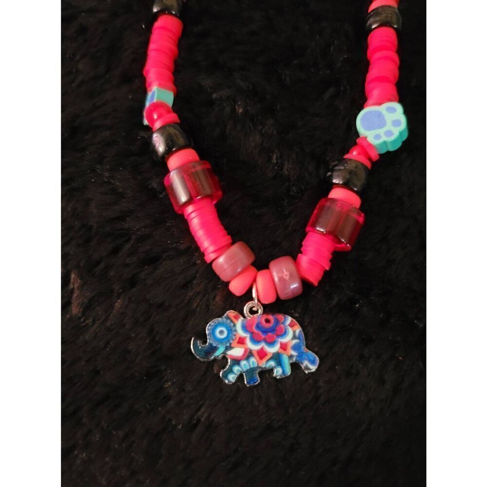Vintage colorful African Elephant handmade beaded necklace